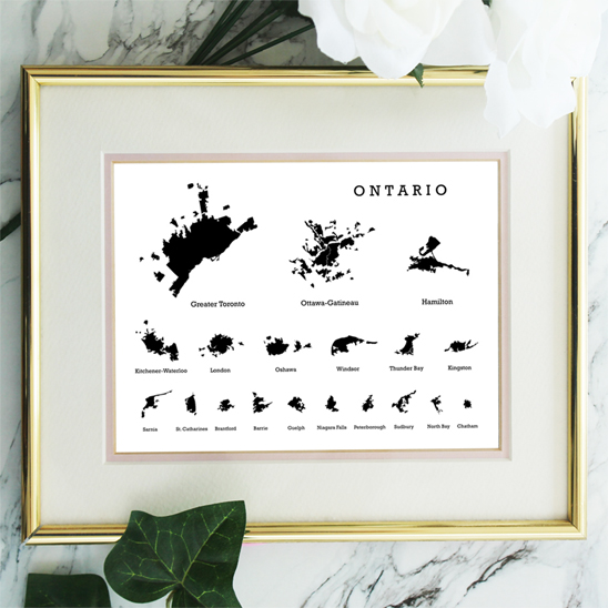 Ontario cities silhouette footprints map art print